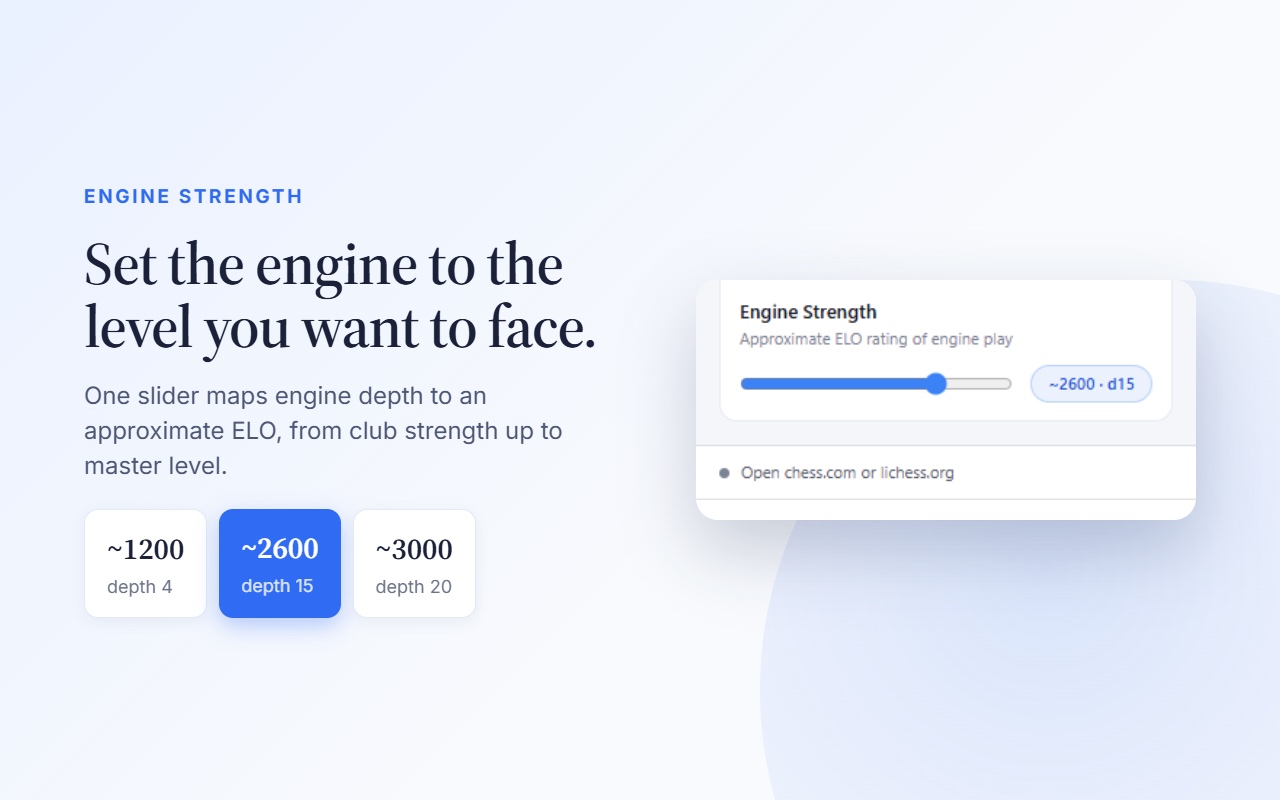 The Engine Strength slider, mapping search depth to an approximate ELO from ~1200 to ~3000.